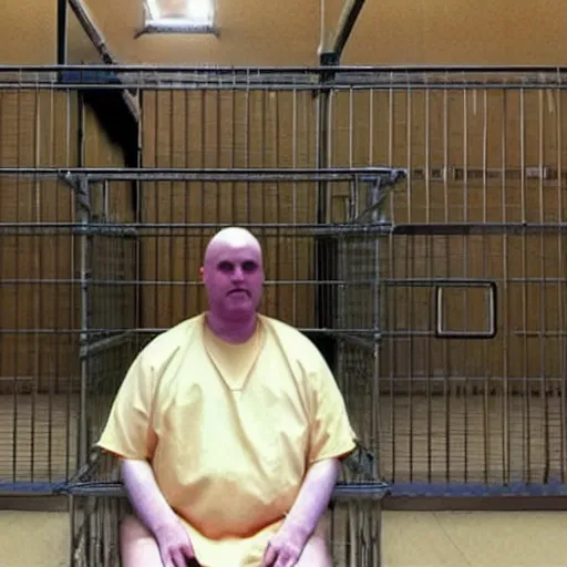 Prompt: fat and bald donald trump wearing orange jumpsuit behind bars in prison