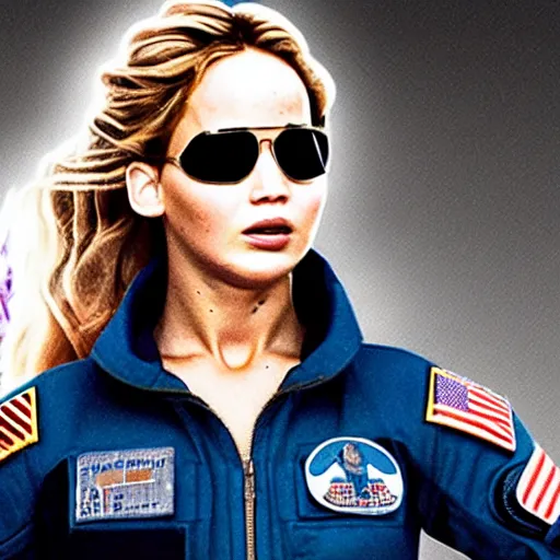 Image similar to still of Jennifer Lawrence as female Maverick in remake of Top Gun (2029)