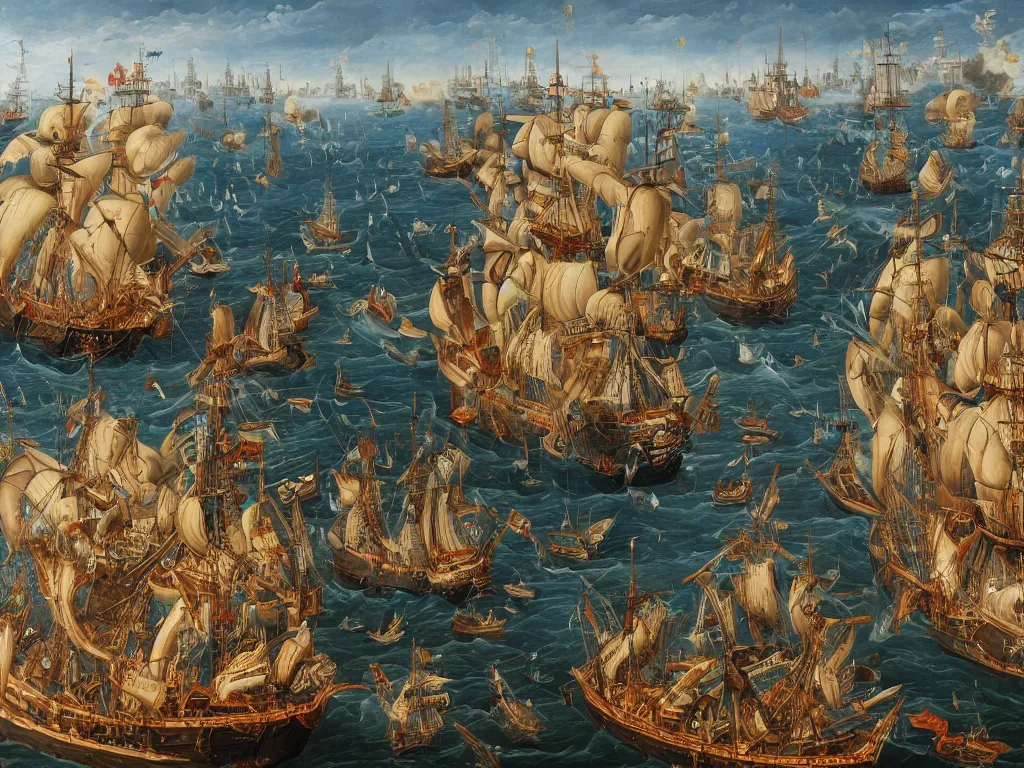 Image similar to An oil painting of a medieval naval battle, highly detailed, intricate, 4k, masterpiece