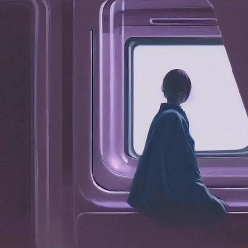 Image similar to silhouette of Elle Fanning gazing out a train-car window, stormy weather, extremely detailed masterpiece, oil on canvas, low-key neon lighting, artstation, Blade Runner 2049, Roger Deakin’s cinematography, by J. C. Leyendecker and Peter Paul Rubens,