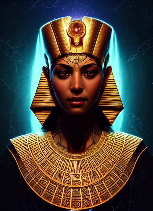 Image similar to symmetry!! portrait of ancient pharaoh wearing traditional attire, sci - fi, tech wear, glowing lights!! intricate, elegant, highly detailed, digital painting, artstation, concept art, smooth, sharp focus, illustration, art by artgerm and greg rutkowski and alphonse mucha