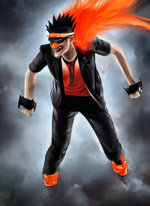 Prompt: photorealistic young man with red spiked long hair, using orange googles. Wearing black waistcoat, white shirt. He is with a vicious smile in face. dynamic lightning.