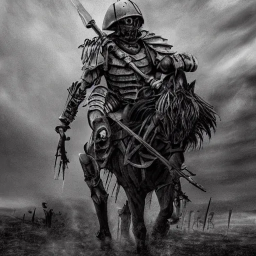 Image similar to a haunting Digital art of a tired spartan soldier riding a skeleton horse on the battlefield in the style of photo-realistic , acrylic, bleak, moonlight, detailed, dark, ominous, threatening, haunting, forbidding, gloomy,stormy, doom, apocalyptic,sinister, shadowy, ghostly,unnerving, harrowing, dreadful ,frightful, shocking, terror, hideous, ghastly, terrifying