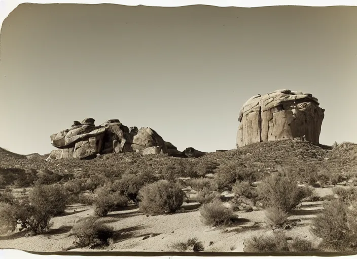 Image similar to Photograph of a chimney rock piercing through lush desert vegetation and boulders with distant mesas in the background, albumen silver print, Smithsonian American Art Museum