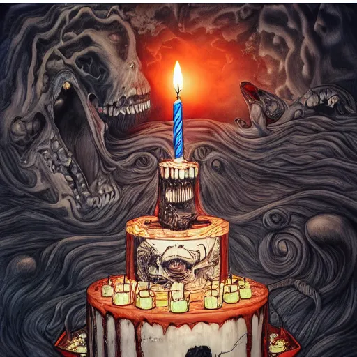 Image similar to epic view of a giant birthday cake with lit candles by junji ito and james jean and esao andrews, cake, candles, 4 k, hyperdetailed, hyperrealistic, trending on artstation, pencil art on paper, horror, dramatic lighting