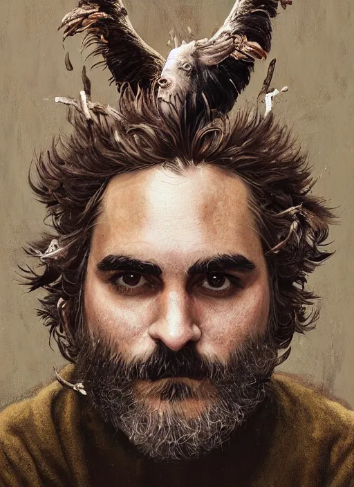 Image similar to a hyper detailed painting of joaquin phoenix surrounded by animals, cow horns, pig nose, sheep wool, chicken feather armor, horror, by anna podedworna, by miklos ligeti, by diego maricato, by taran fiddler, by antonino truisi, by chris reddie, by jinsung lim, trending on artstation