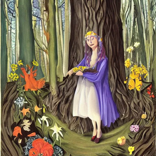 Image similar to In the experimental art Vasilisa can be seen standing in the forest, surrounded by animals. She is holding a basket of flowers in one hand and a spindle in the other. Her face is turned towards the viewer, with a gentle expression. In the background, the forest is depicted as a dark and mysterious place. american romanticism, Pokémon by Lucian Freud, by Marjorie Miller defined, blocks