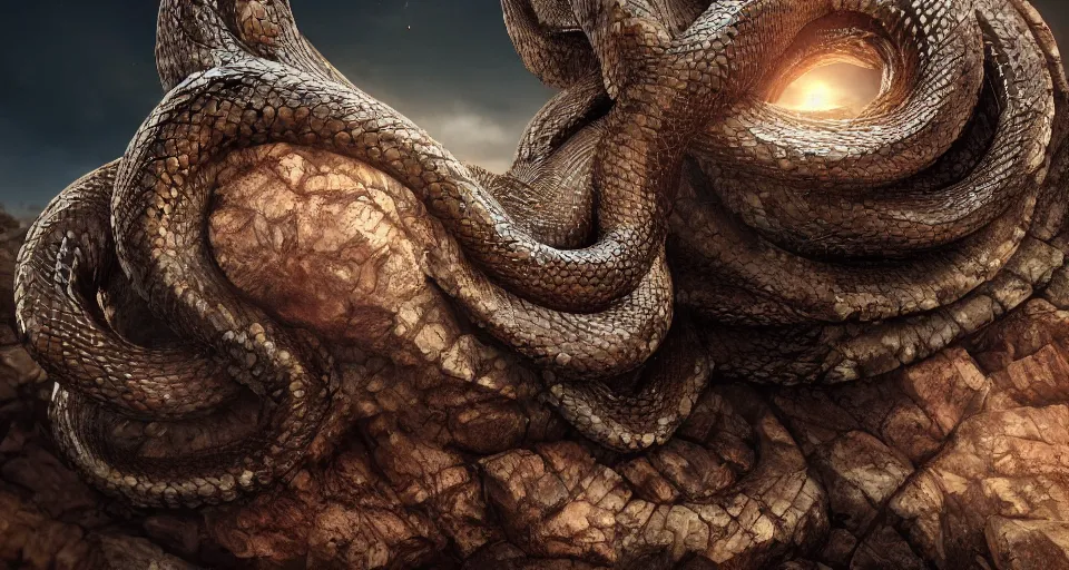 Image similar to closeup portrait of a coiled colossal serpent in a rocky environment, dramatic lighting, cinematic, octane render, cgsociety, artstation, 4k