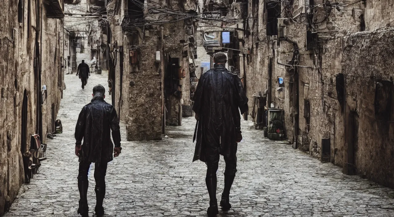 Prompt: a photo of a cyberpunk man walking in a medival village, the photo was taken from the ground looking up at the man's back, ultra high detail.