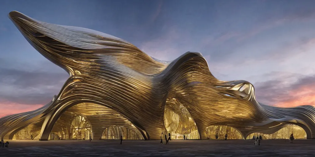 Image similar to extremely detailed ornate stunning beautiful elegant futuristic museum exterior by Zaha Hadid, stunning volumetric light, sunset, 8k