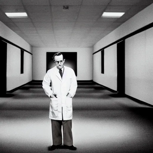 Image similar to a 1 9 5 0 s male scientist wearing a lab coat standing lost in the backrooms, mono - yellow old moist carpet, empty liminal space, very dark shadows, broken fluorescent lighting, horror movie scene, film grain