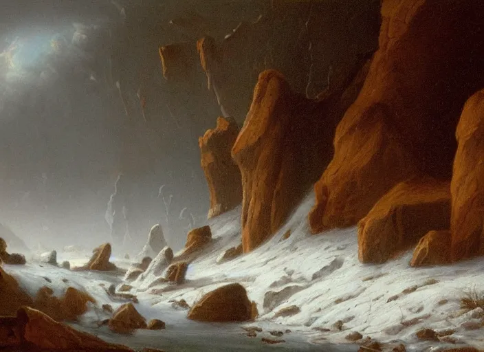 Image similar to earth after the cretaceous – paleogene extinction event, a harsh winter cools down the earth, blizzards envelop the lands and barely any sunlight gets through the thick dust clouds, in the style of hudson river school of art, oil on canvas