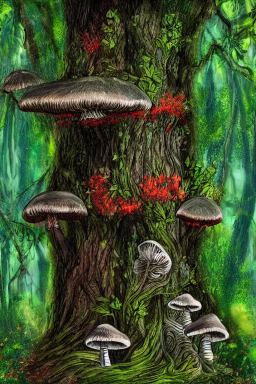 Prompt: digital painting detailed forest tree with a little door inside the tree with stairs, magical forest flowers mushrooms