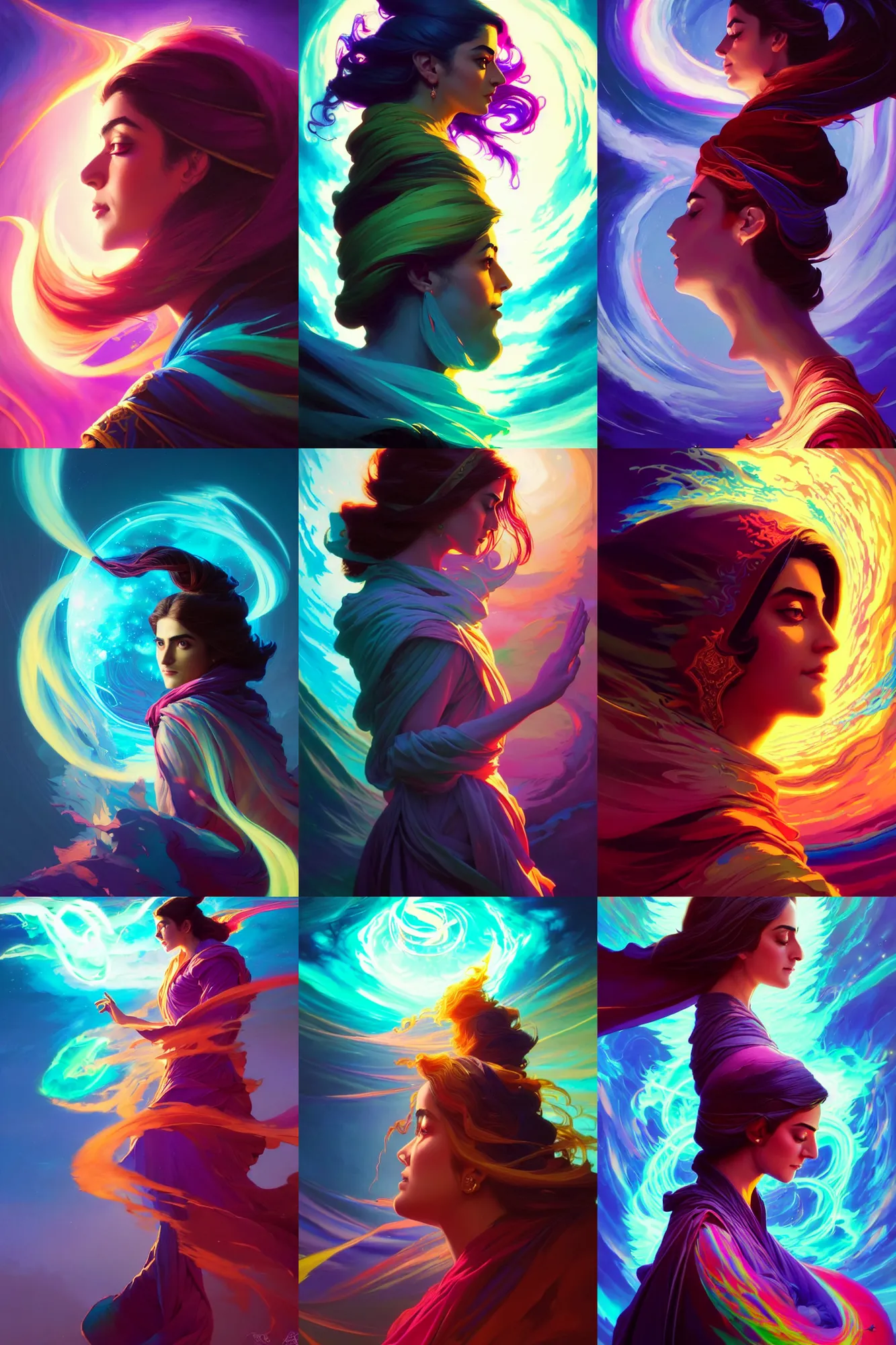 Prompt: side profile, maya ali, wind sorcerer, dota, robes, elegant, concept art, smooth, oversaturated, tarot, bright backlit, colorful psychedelic swirly magic ripples, gaudy colors, by greg rutkowski, jesper ejsing, ilya kuvshinov, artgerm, mucha