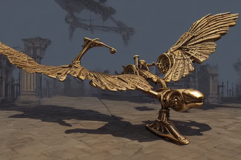 Image similar to Gigantic luxury baroque steampunk birdshaped spaceship made of bone, rendered in unreal engine 5, cryengine, arnold and zbrush, epic lighting