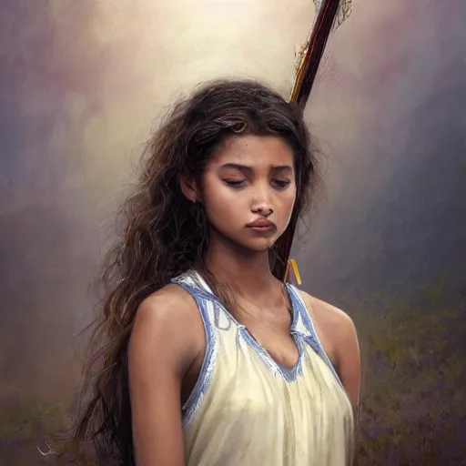 Image similar to art station concept of a beautiful girl with a bow and arrow, brown skin, sweaty skin, symmetrical face, casual white garment, white desert background, shiny colorful, hyperdetailed, artstation trending, world renowned artists, worth1000.com, historic artworks society, antique renewal, cgsociety, by greg rutkowski, by Gustave Doré, Deviantart