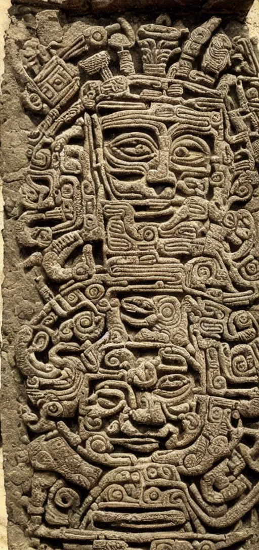 Prompt: an ancient mayan wall sculpture engraving about aliens and marijuana