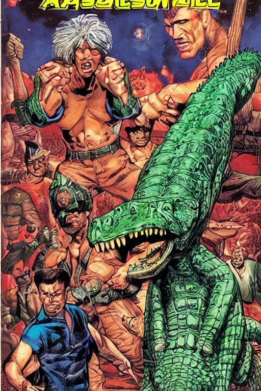 Prompt: comic book cover for a book called the assault on gatorville. featuring giant alligators. art by glenn fabry.