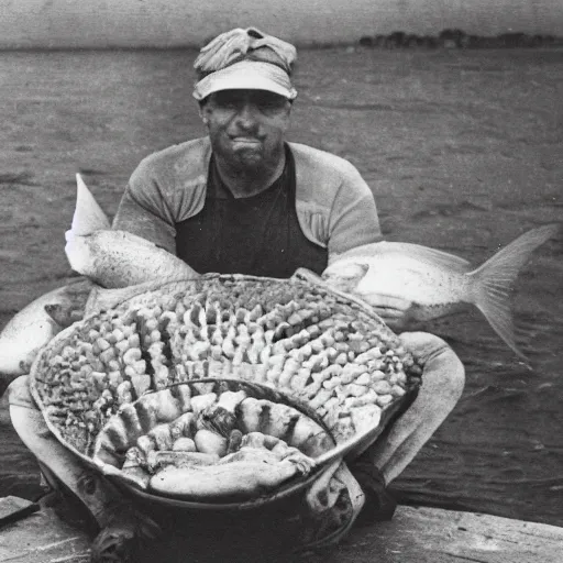 Image similar to sepia photo of prize winning fish catch, but the fish is actually a scallop shell