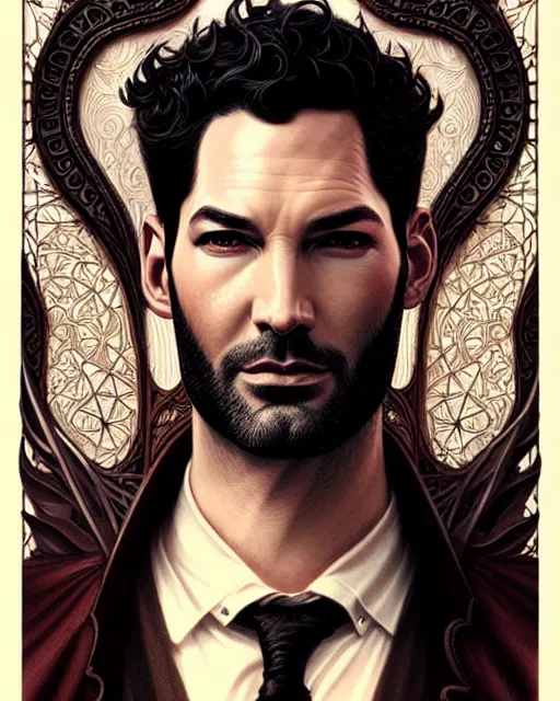 Image similar to tom ellis ( lucifer ) portrait, art nouveau, fantasy, intricate devilish designs, elegant, highly detailed, sharp focus, art by artgerm and greg rutkowski and wlop