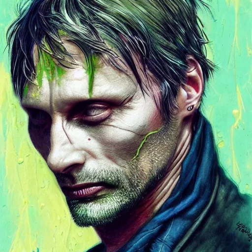 Image similar to a Demon Slayer portrait of Mads Mikkelsen, tall, pale-skinned, slender with lime green eyes and long eyelashes by Stanley Artgerm, Tom Bagshaw, Arthur Adams, Carne Griffiths, trending on Deviant Art, street art, face enhance, chillwave, maximalist, full of color, glittering