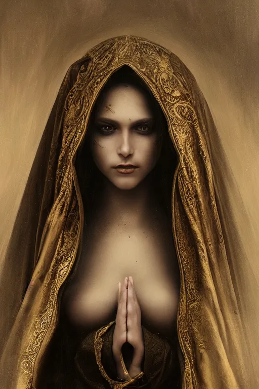 Image similar to Ultra realistic and ultra intricate detailed soft painting of a beautiful slim curvy female demonic nun in revealing religious dress, thin lustrous hair, symmetry features, sensual gloomy style, soft painting, volumetric clouds, fantasy background, artstation, Tom Bagshaw artstyle, unreal render, depth of field