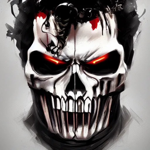 Prompt: portrait of dying frank castle the punisher, skull face paint, intricate, elegant, highly detailed, centered, grungy, digital painting, artstation, concept art, smooth, sharp focus, boris vallejo