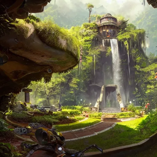 Prompt: worm's eye view of roughly cylindrical overwatch headquarters carved inside a mountain surrounding a lush well kept garden, central waterfall, magical, natural light, fantasy, sharp focus, concept art, by greg rutkowski and craig mullins, cozy atmospheric