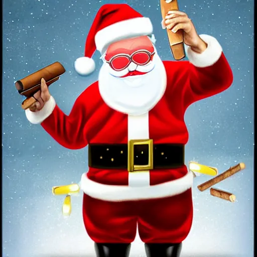 Prompt: Santa holding a machine gun and smoking a cigar while wearing sunglasses