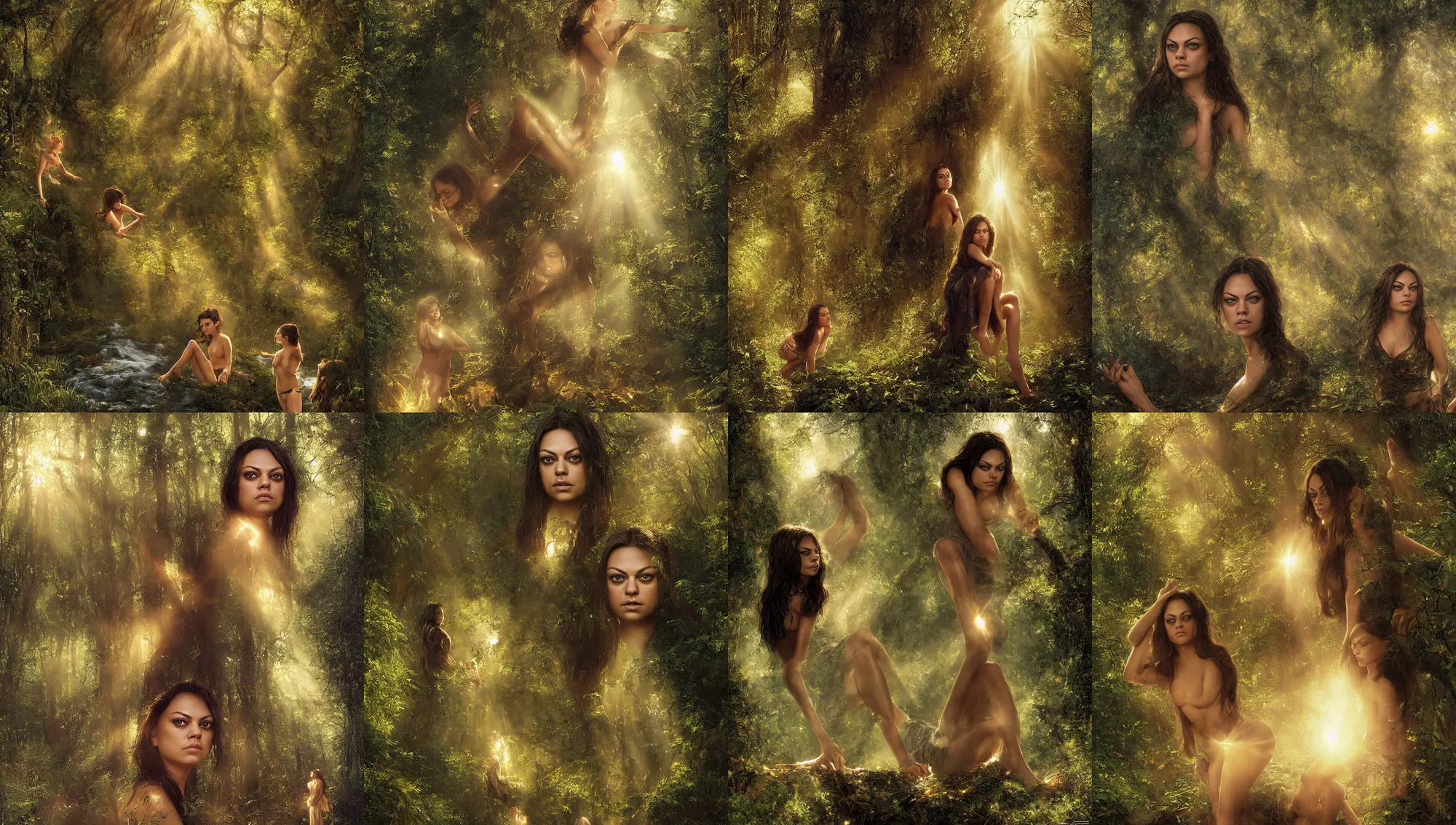 Image similar to big - eyed mila kunis biting her lip, sun - rays through canopy, gentle sparkling forest stream, sundown golden hour firefly wisps, focal length : 2 0 0. 0 mm, steve hanks, charlie bowater, mark brooks, steve henderson, justin gerard, mark keathley, victor nizovtsev, tom bagshaw, krenz cushart, ross tran