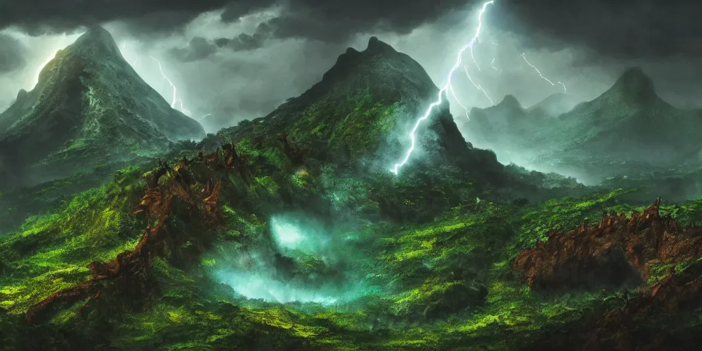 Prompt: boundary of two lands, green wild jungle vs dark mountain with lava, magic and lightning, epic, fantasy, D&D, intricate, highly detailed, sharp focus, cinematic lighting