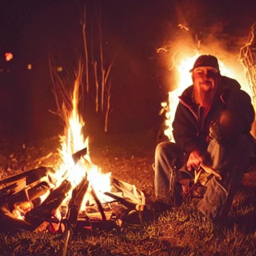 Image similar to photo of hillbilly with long blonde hair around a bonfire, symmetric face