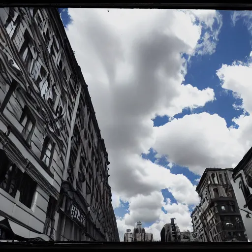 Image similar to lomography street photo wide angle clouds high contrast reflection, optical illusion