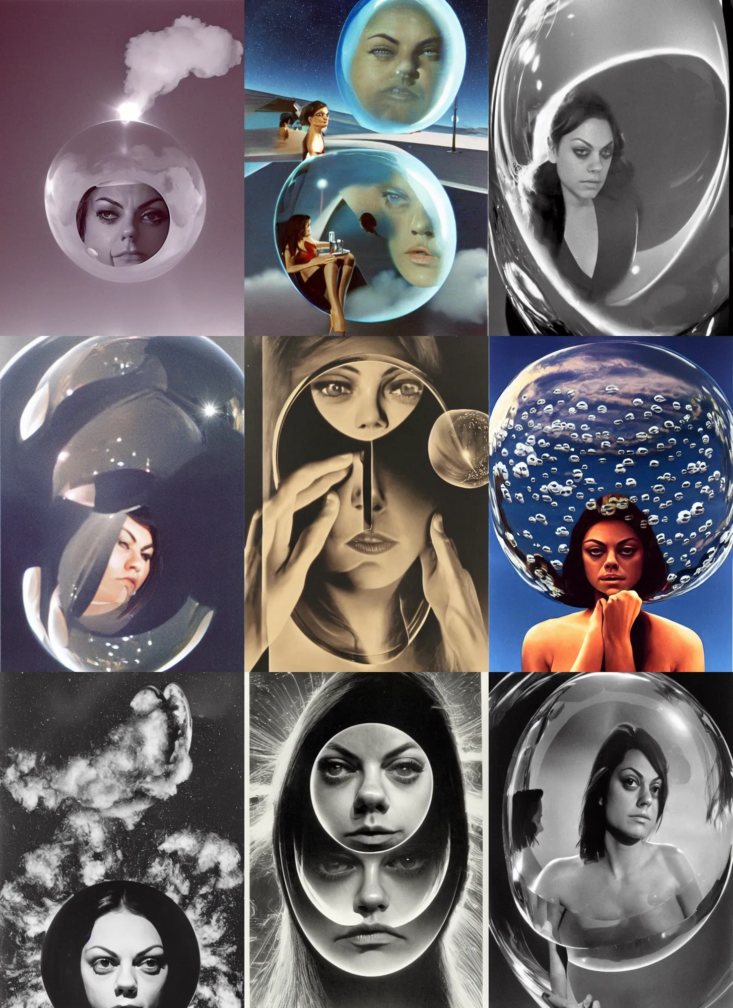 Prompt: smirking 1970 Mila Kunis reflected in a reflective bubble, puffs of smoke, Ludek Pesek, Rick Guidice, Chesley Bonestell, Lucien Rudaux, Rolf Klep, Fred Freeman, George Pal