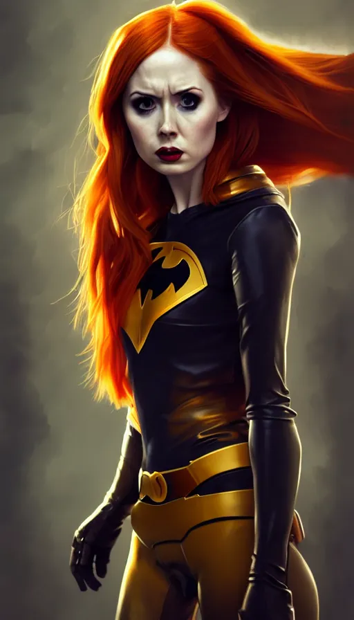 Prompt: Karen Gillan Batgirl, redhead, full body Batgirl torn costume with cape, no mask, bruised, symmetrical face symmetrical eyes, fight pose, dark alleyway, illustration, artstation, cinematic lighting, hyperdetailed, cgsociety, 8k, high resolution, Charlie Bowater, Tom Bagshaw, Norman Rockwell, insanely detailed and intricate
