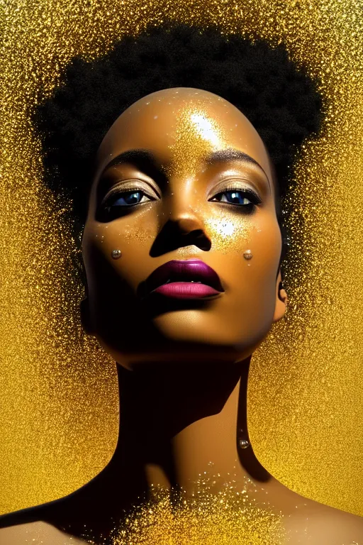 Image similar to hyperrealistic post - futurist cinematic very expressive! profile black oshun goddess, in water!! up to shoulders, mirror dripping droplet!, gold flowers, highly detailed face, digital art masterpiece, smooth eric zener cam de leon, dynamic pearlescent turquoise light, low angle uhd 8 k, sharp focus