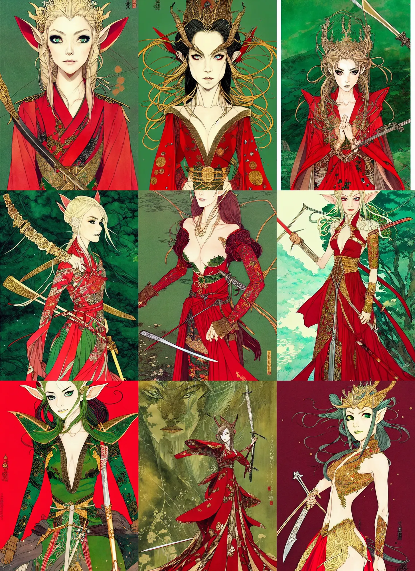 Prompt: beautiful elven queen in red green gold dress, detailed portrait, wearing kimono armor, sword, by conrad roset, takato yomamoto, jesper ejsing, beautiful