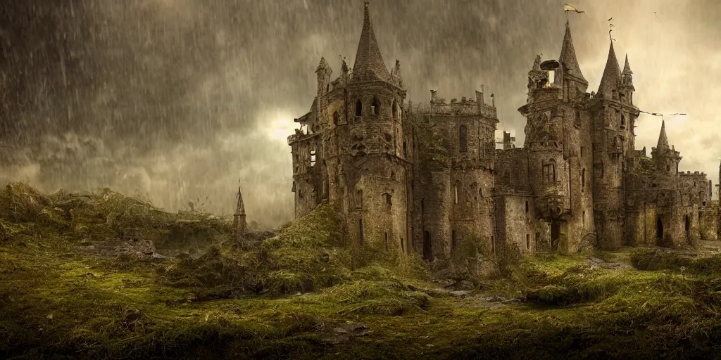 Prompt: matte painting, castle, dramatic landscape, overgrown, cinematic, overcast, interior light, rain