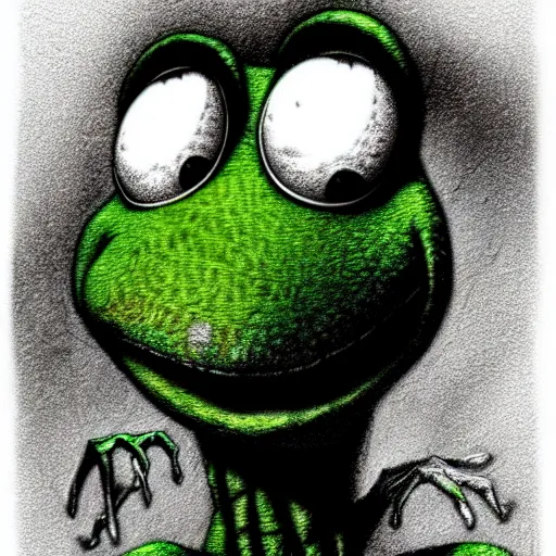 Image similar to michael karcz grunge cartoon drawing of kermit the frog. , in the style of corpse bride, loony toons style, horror themed, detailed, elegant, intricate