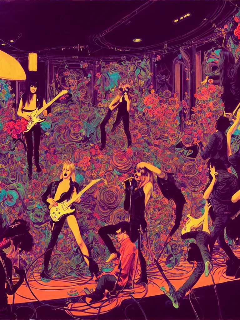 Image similar to the velvet underground and nico playing live on stage at a night club, beautiful stage decoration with flowers in the background, painting by james jean and syd mead and gaston bussiere, very detailed and colorful and toned down and ornamental and moody and cool and relaxed and high on drugs, trending on artstation, behance contest winner