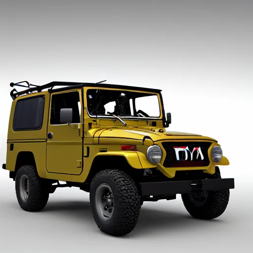 Image similar to in the style of Leonardo da Vinci a Toyota Fj43 build in 1981, black roof, with a roof rack, detailed, 8K, octane render, 8K,