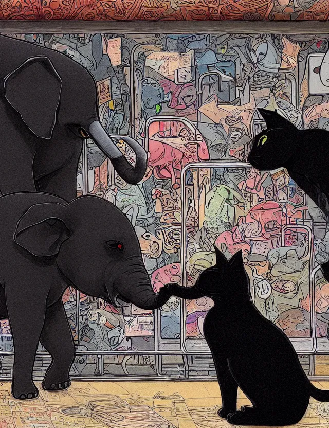 Image similar to realistic portrait of a stoned black cat and a tiny elephant in the very busy NYC subway looking at a train arriving to late by James Jean