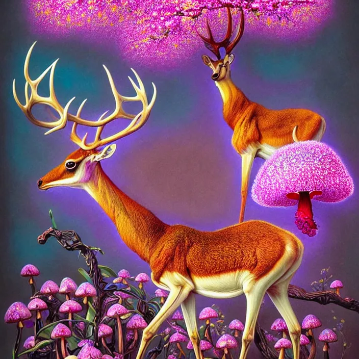 Image similar to extremely psychedelic animal made of orchid and cherry blossom tree and mushroom, elk, gazelle, LSD, diffuse lighting, fantasy, intricate, elegant, highly detailed, lifelike, photorealistic, digital painting, artstation, illustration, concept art, smooth, sharp focus, art by John Collier and Albert Aublet and Krenz Cushart and Artem Demura and Alphonse Mucha