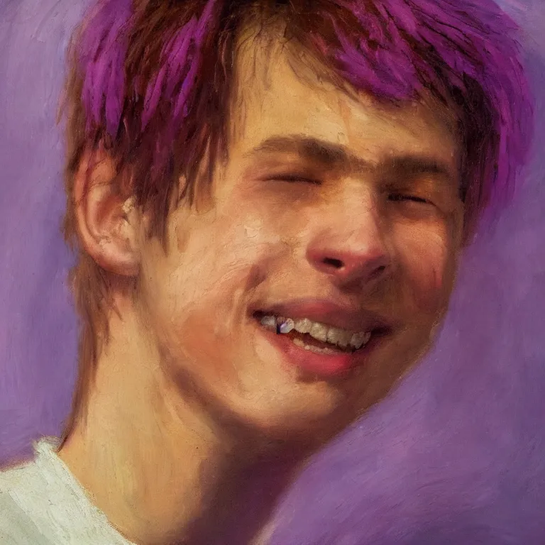 Image similar to Beautiful warmly lit close up studio portrait of a young androgynous!! Donald Trump age 23 smiling sweetly with purple hair, impasto oil painting heavy brushstrokes by Cy Twombly and Anselm Kiefer , trending on artstation dramatic lighting abstract Expressionism