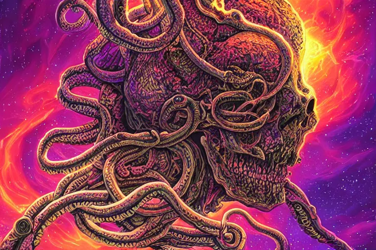 Prompt: a giant skull with lovecraftian tentacles emerging from a space nebula by dan mumford, digital art, photorealistic, vivid colors, highly detailed, intricate
