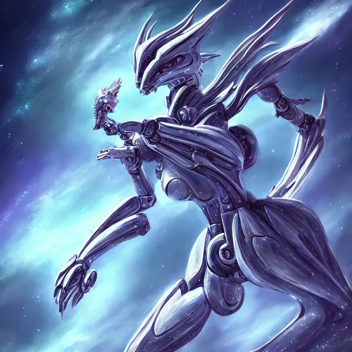 Image similar to goddess shot, galactic sized stunning beautiful anthropomorphic robot mecha female dragon, in space, larger than planets, posing elegantly, the earth a mere marble in her claws, detailed silver armor, epic proportions, epic scale, detailed digital art, ultra detailed, furry art, macro art, dragon art, giantess, warframe fanart, furaffinity, deviantart, realistic