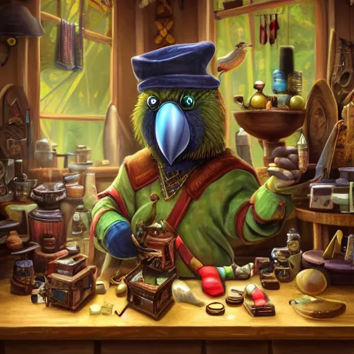 Prompt: Anthropomorphized parrot trader in his shop, medium shot, hands on counter, items, weapons, magic potions, trinkets, carpet, lamps, window, fancy hat, warm light, sly expression, cunning expression, cute expression, long thick shiny black beak, D&D, fantasy, cinematic lighting, highly detailed, digital painting, artstation, concept art, smooth, sharp focus, illustration, warm light, cozy warm tint, strong colours, magic the gathering artwork, volumetric lighting, 8k, art by Akihiko Yoshida, Greg Rutkowski