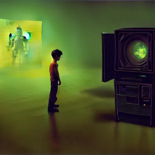 Image similar to 8k professional photo of an 8 years old enlightened and scared boy standing in front of an old computer from 90s with a game doom2 at the monitor screen in a vr vaporwave space, Beksinski impasto painting, part by Adrian Ghenie and Gerhard Richter. art by Takato Yamamoto, masterpiece. still from a movie by Gaspar Noe and James Cameron