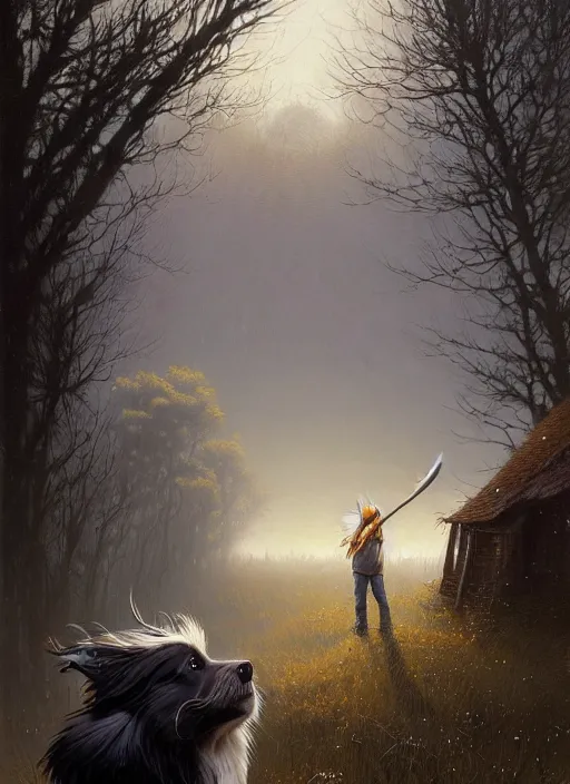 Prompt: highly detailed hyperrealistic painting of a blonde long - haired hillbilly standing in front of old rough house holding a stick, with his fluffy black and gray australian shepherd, bonfire, stephen bliss, art by greg rutkowski, loish, rhads, ferdinand knab, makoto shinkai and lois van baarle, tom bagshaw, global illumination, artstation