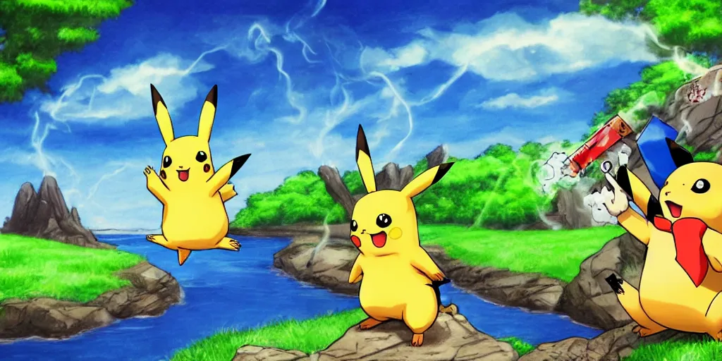 Prompt: pikachu smoking a fat blunt with ash ( male character ) with red eyes sitting on a rock next to a river, bright blue sky colorful detailed drawing